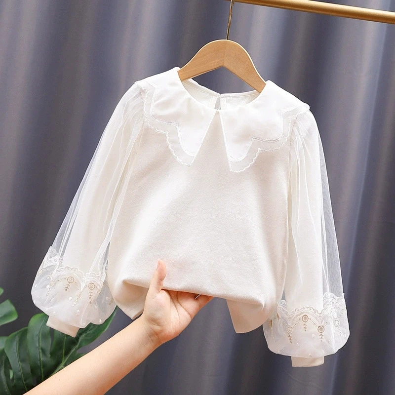

Girls Long Sleeve Cotton T-Shirt Bubble Sleeve Blouse Spring Autumn Top White Lace Trim Shirt Princess Layering Tee Kids Clothes