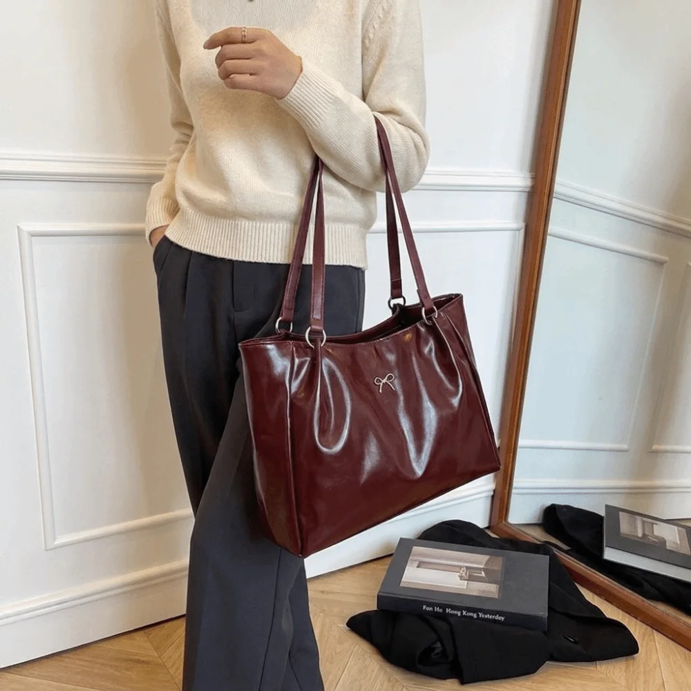 Fashionable Large Capacity PU Leather Tote Bag Bowknot Polyester Shoulder Bag Shiny Casual Handbag Women