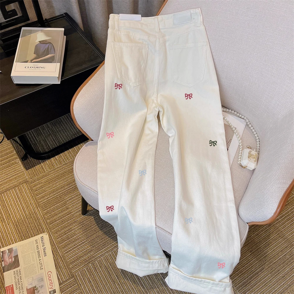 White Embroidered Bow Jeans High Waist Casual Straight Leg Denim Pants Spring Summer Versatile Wide Leg Trousers