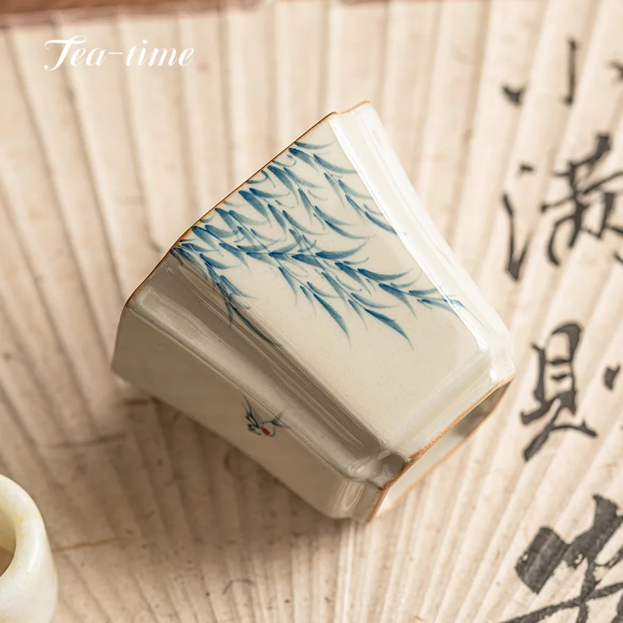 90ml Ceramics Square Cup Pure Hand-painted Willow Swallow Teacup Boutique Plant Ash Tea Bowl Master Cup Kung Fu Tea Set Teaware