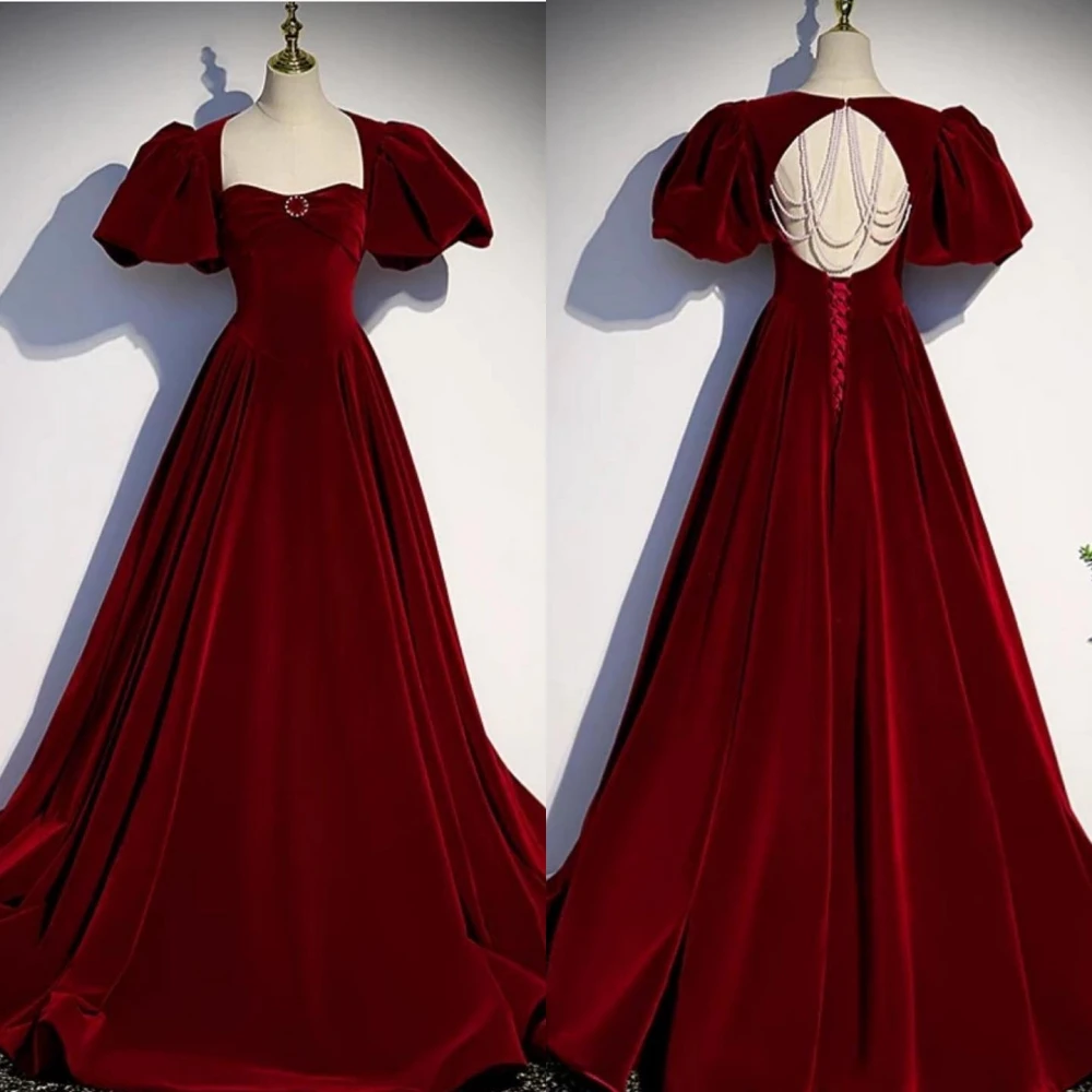 Customized  Velour Draped Pleat Ruffles Party A-line Square Collar Bespoke Occasion Gown Long Dresses