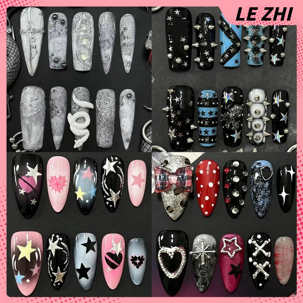 

10Pcs Y2K Spicy Girl Long Coffin Almond Handmade Press On Nails Shining Star Diamond Metal Rivets French Wearable Fake Nails