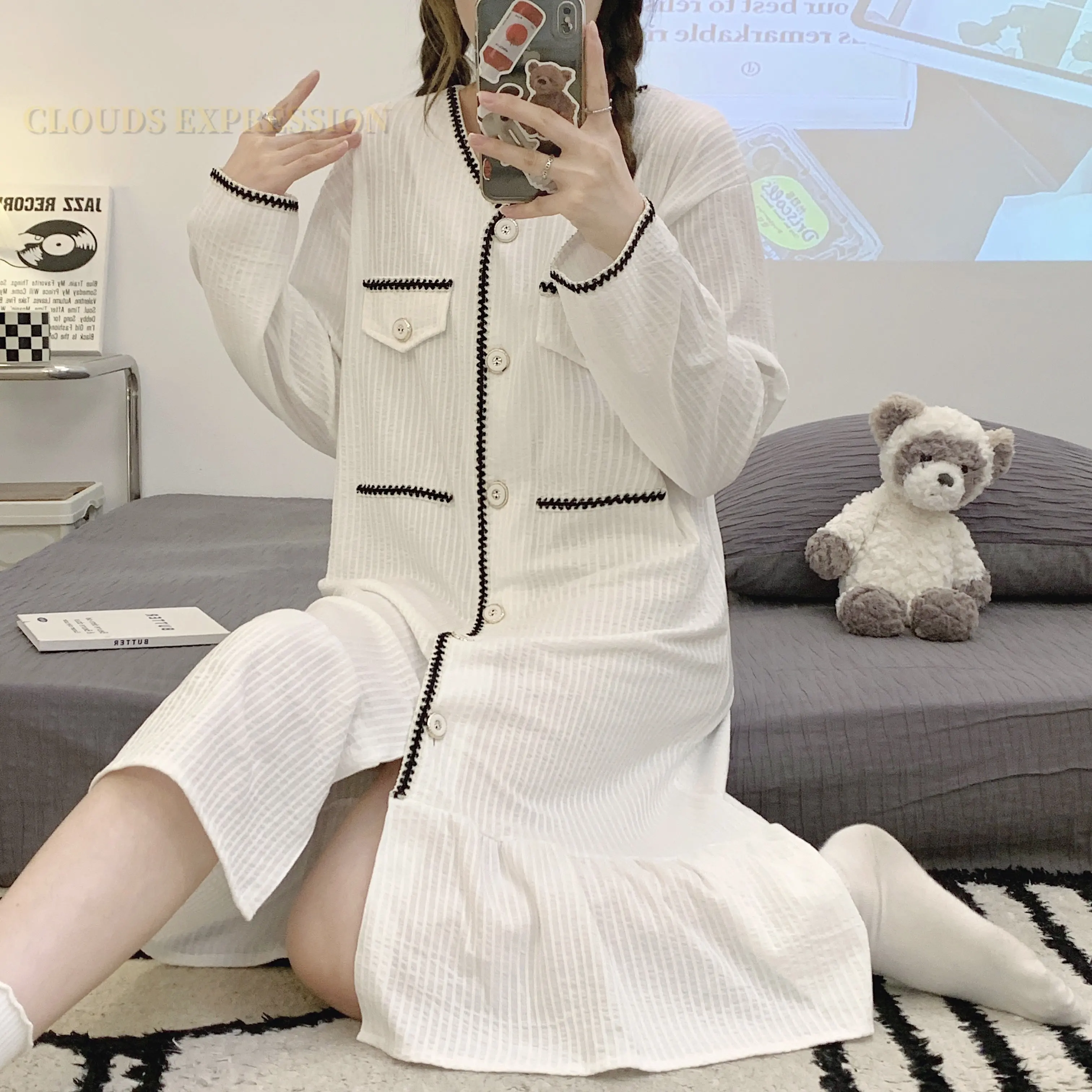 

Spring Autumn Knitted Korean Style Sleep Dress Women's Nightgowns Nighttie White Sleepshirts Ladies Sleepshirts Dresses Homewear