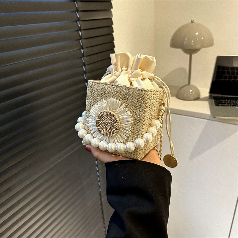 Trendy Beach Straw Woven Bag Women's Single Shoulder Slant Cross Bucket Bag Fashionable  Fairy New 2023 Soft Polyester L...