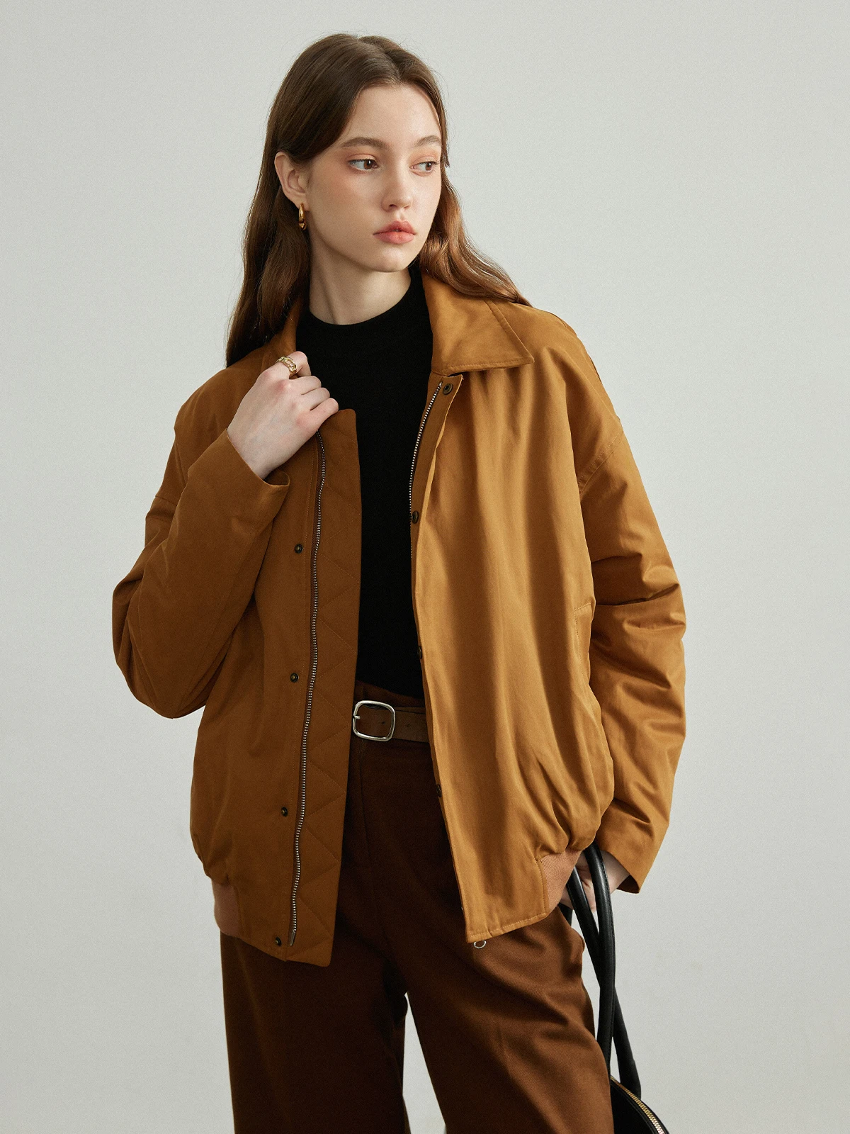 

Reatic Caramel Bru Women's Zipper Pilot Jaet mat Cotton Blend Outerwear Loose Fit Long Sve Winter Coat