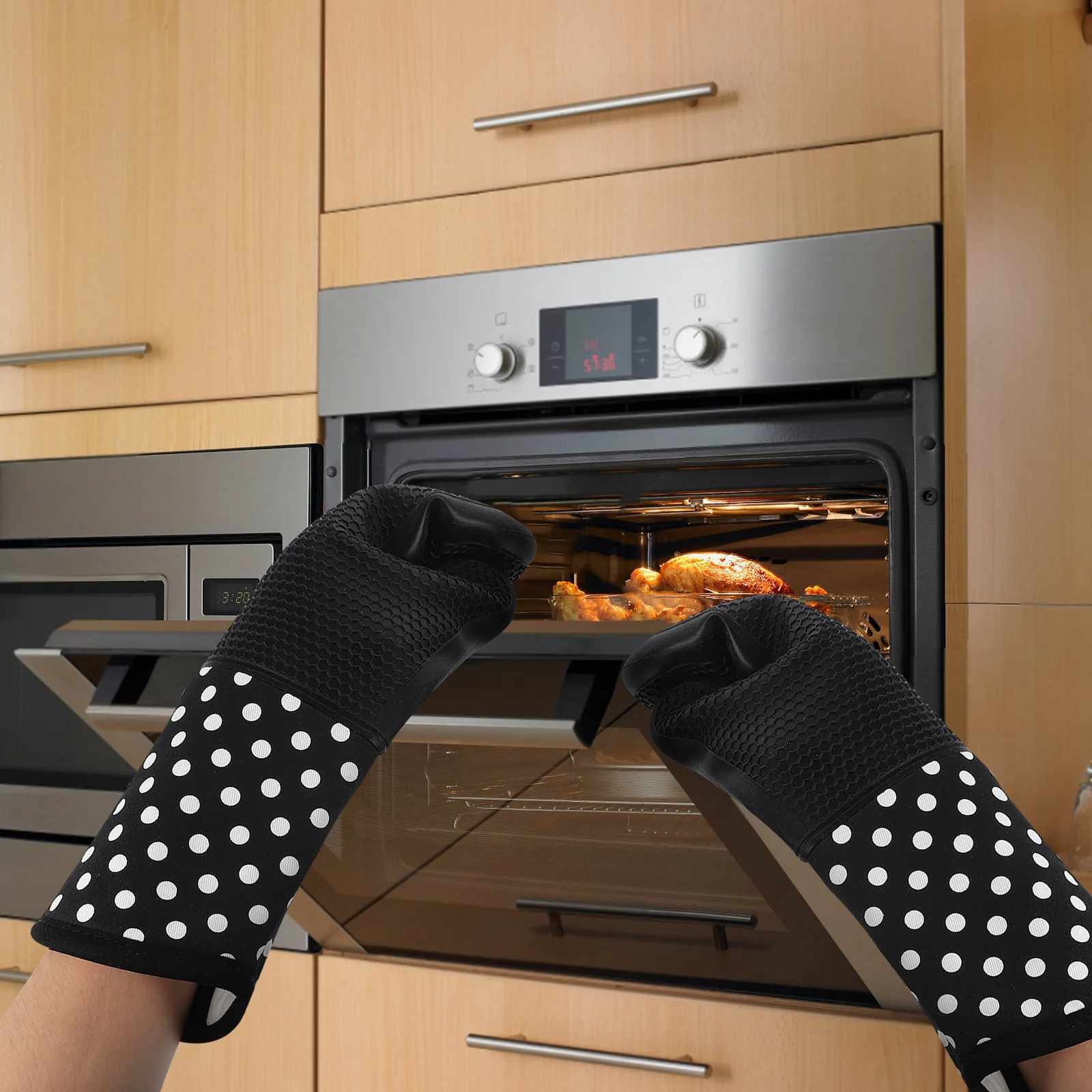 

2Pcs Oven Gloves Heat Resistant Silicone Cotton Cooking Mitts Non Slip Heat Insulation Kitchen Baking Gloves Oven Mitts