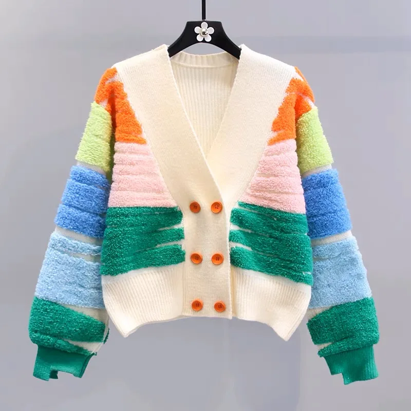 Rainbow Double Breasted V-neck Sweater Coat Winter Casual Loose Knitted Cardigan Jacket Sweet Long Sleeve Warm Cardigans 28954