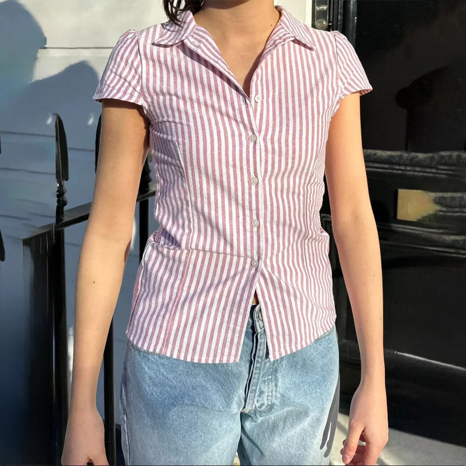 Women's Summer Casual Slim Fit Shirt Short Sleeve Lapel Buton Up Solid Color/Striped Print Vintage Tops