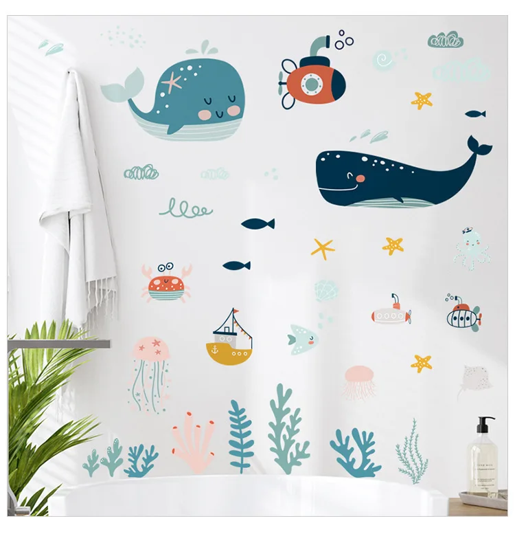 Cartoon ocean whale jellyfish seaweed wall sticker living room bedroom decoration self-adhesive painting