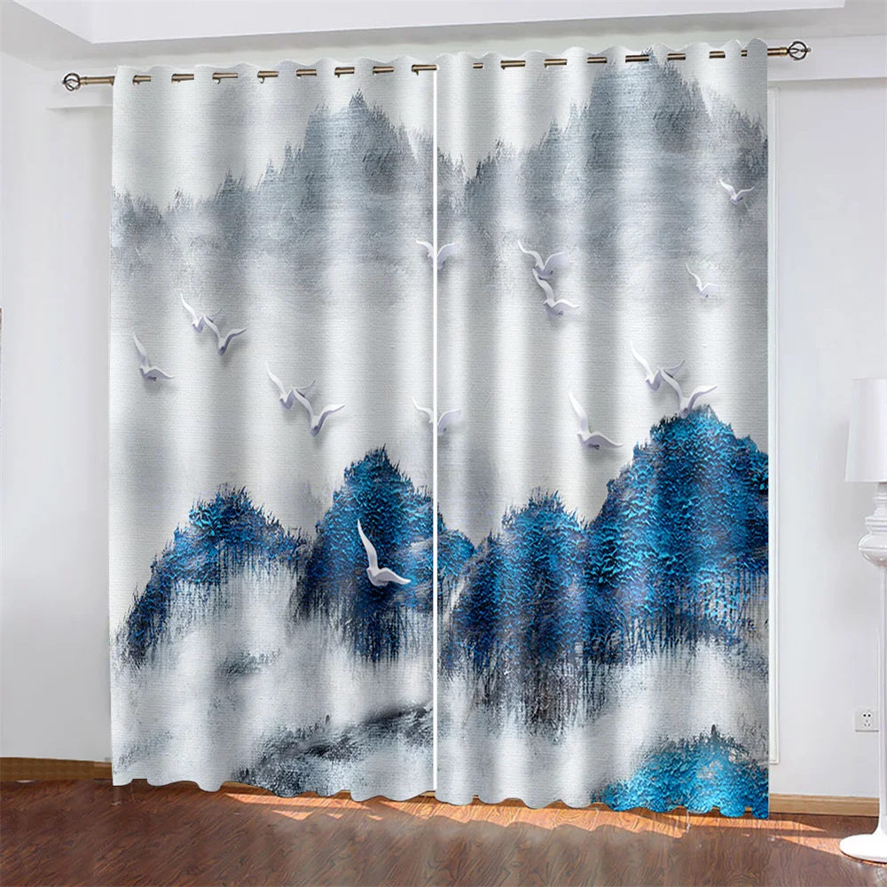 Landscape ink painting Chinese style Canyon Perspective tulle light filter curtain Living room bedroom 2 pieces free shipping