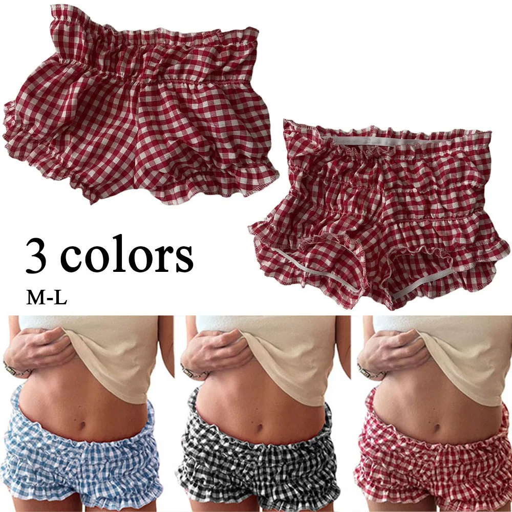 Women Summer Low-Rise Sexy Red And White Checkered Shorts Y2k Elastic Waist Ruffled Edge Cake Shorts Bottom Sweet Girl Lolita