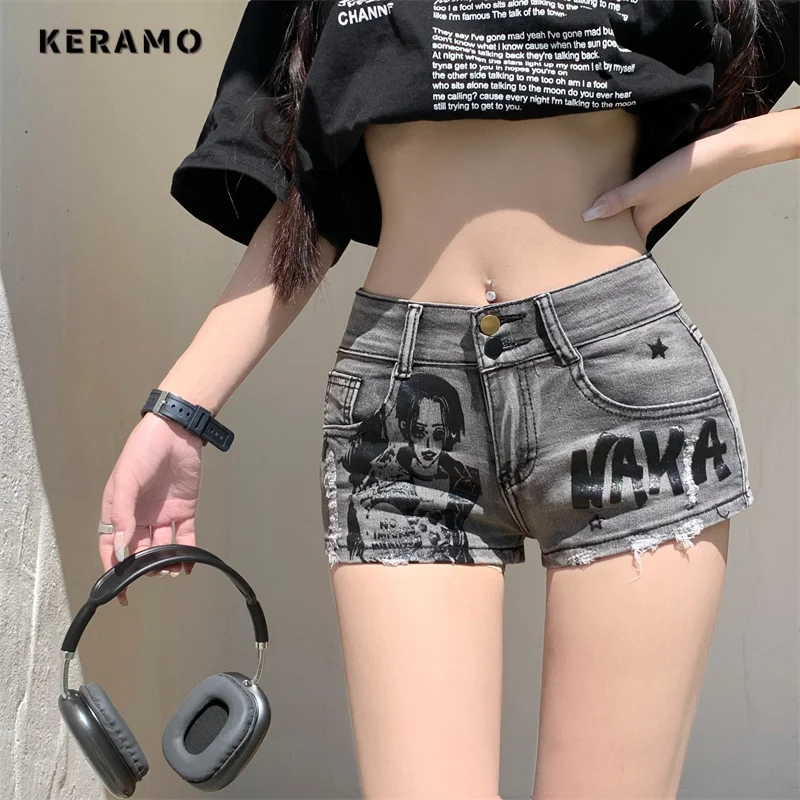 Hotsweet High Waist 2000S Skinny Sheath Women's Fashion Denim Shorts Sexy Casual Slim Fit Y2K Street Harajuku Style Print Shorts