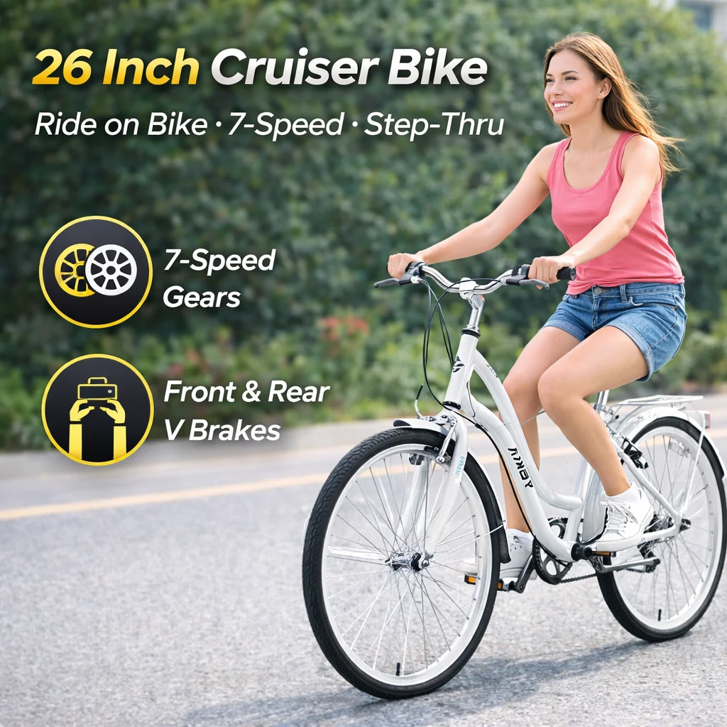

26-дюймовый городской велосипед-круизер с 7 скоростями, стальной рамой, комфортным низким входом, передними и задними V-образными тормозами, для езды по городу, грязи, песку и гравию, для взрослых