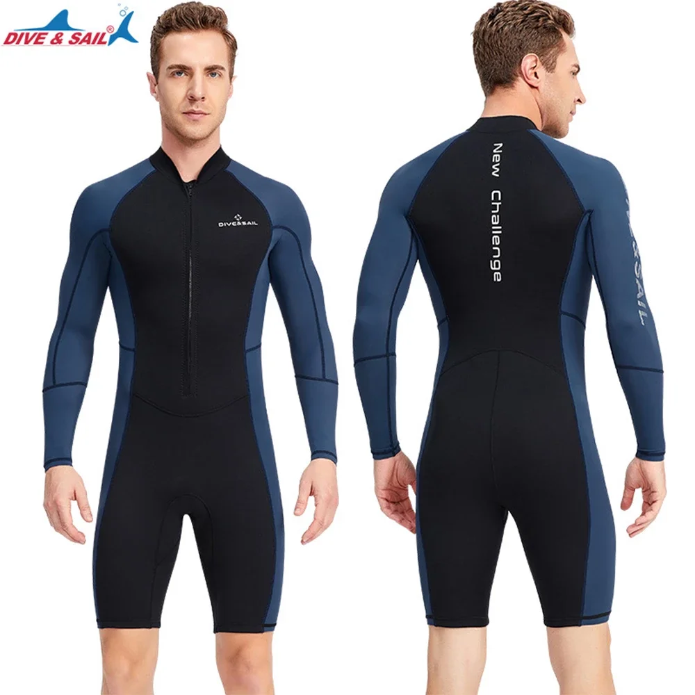 

DIVE & SAIL-Neoprene Long Sleeves Shorty Wetsuit, Diving Suit, Front Zip, Snorkeling, Surfing, Swimming, 1.5mm