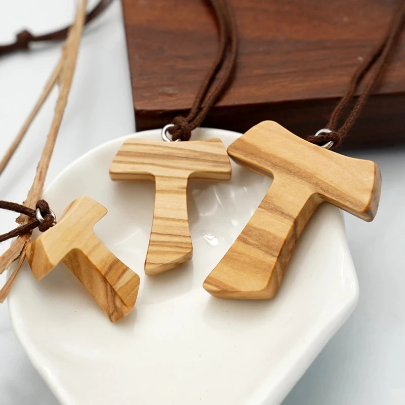 Religion Olive Wood Tau Cross 4/3/2.5CM Pendant with Rope Couple Necklace Religious Jewelry Catholic Wooden Necklace for Women