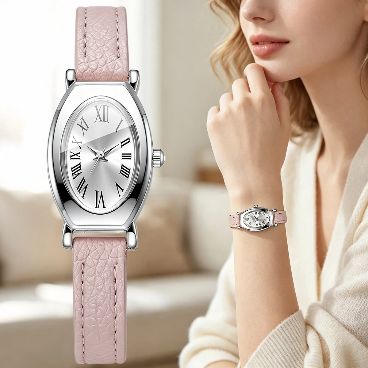 Women Oval Quartz Watches Roman Numeral Dial Pink Faux Leather Strap Elegant Ladies Watches