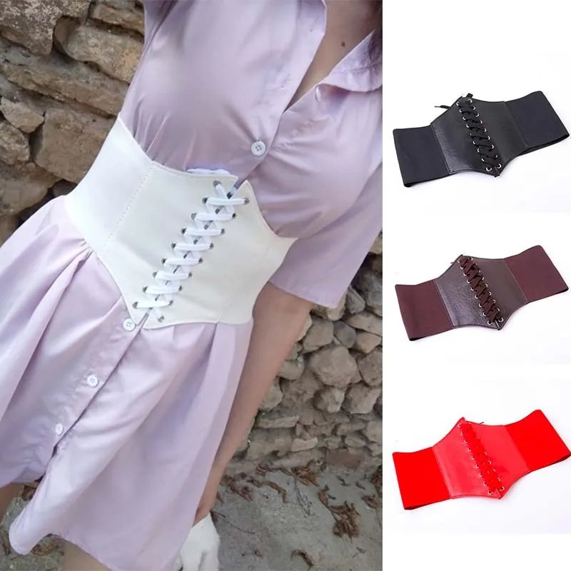 ใหม่ Punk Corset สีดำกว้างเข็มขัดหนัง Pu Slimming Body เข็มขัด Vintage Elastic สูงเข็มขัดหญิง Cummerbunds