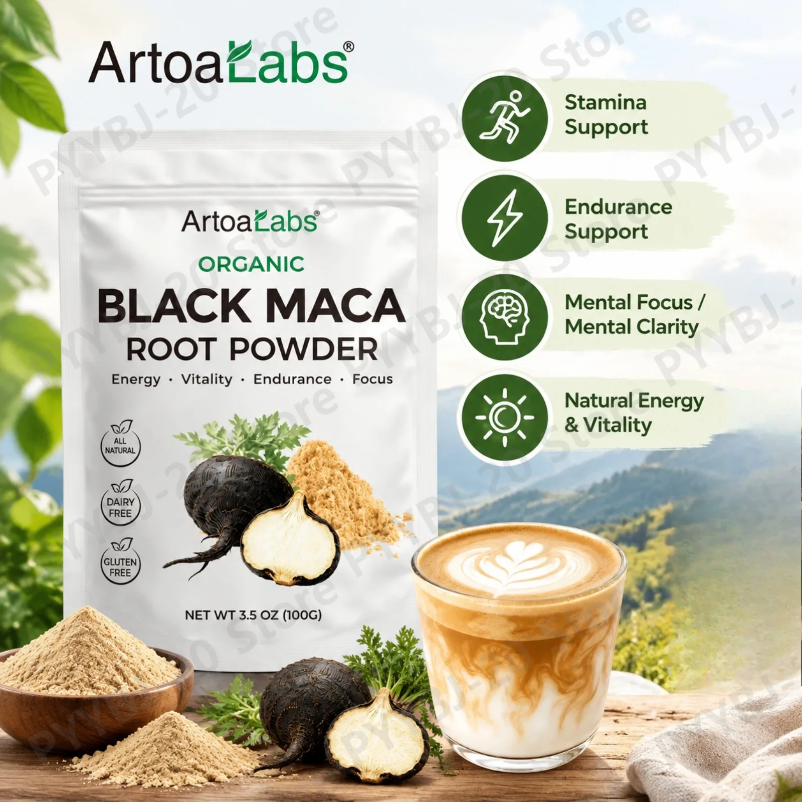 ArtoaLabs Endurance Support Powder Stamina Support Mental Focus Support with Black Maca Root Vitamin D Calcium Potassium 100g