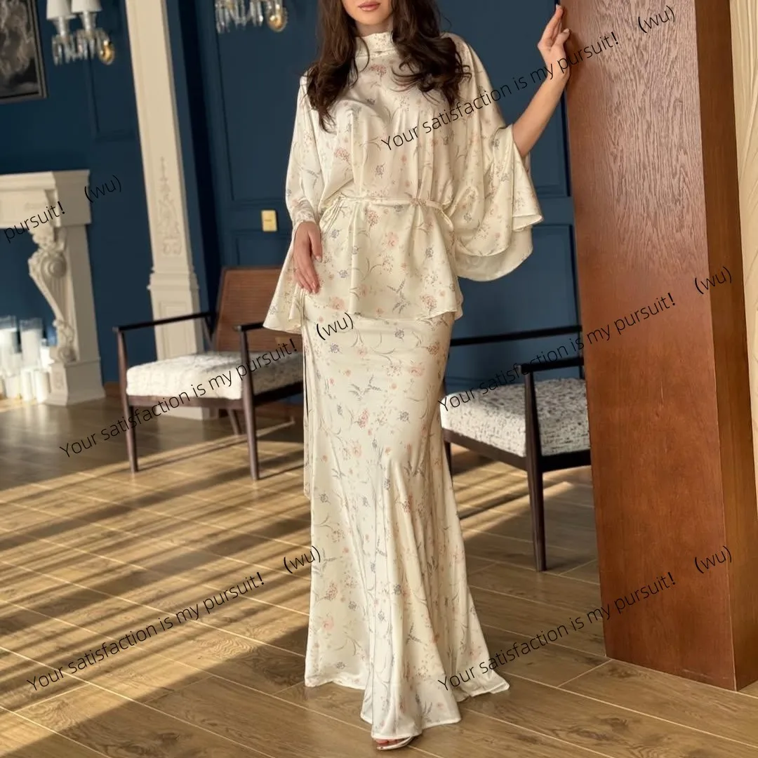 

ZOCI-bat sleeve fashion temperament lace-up top floral skirt suit women