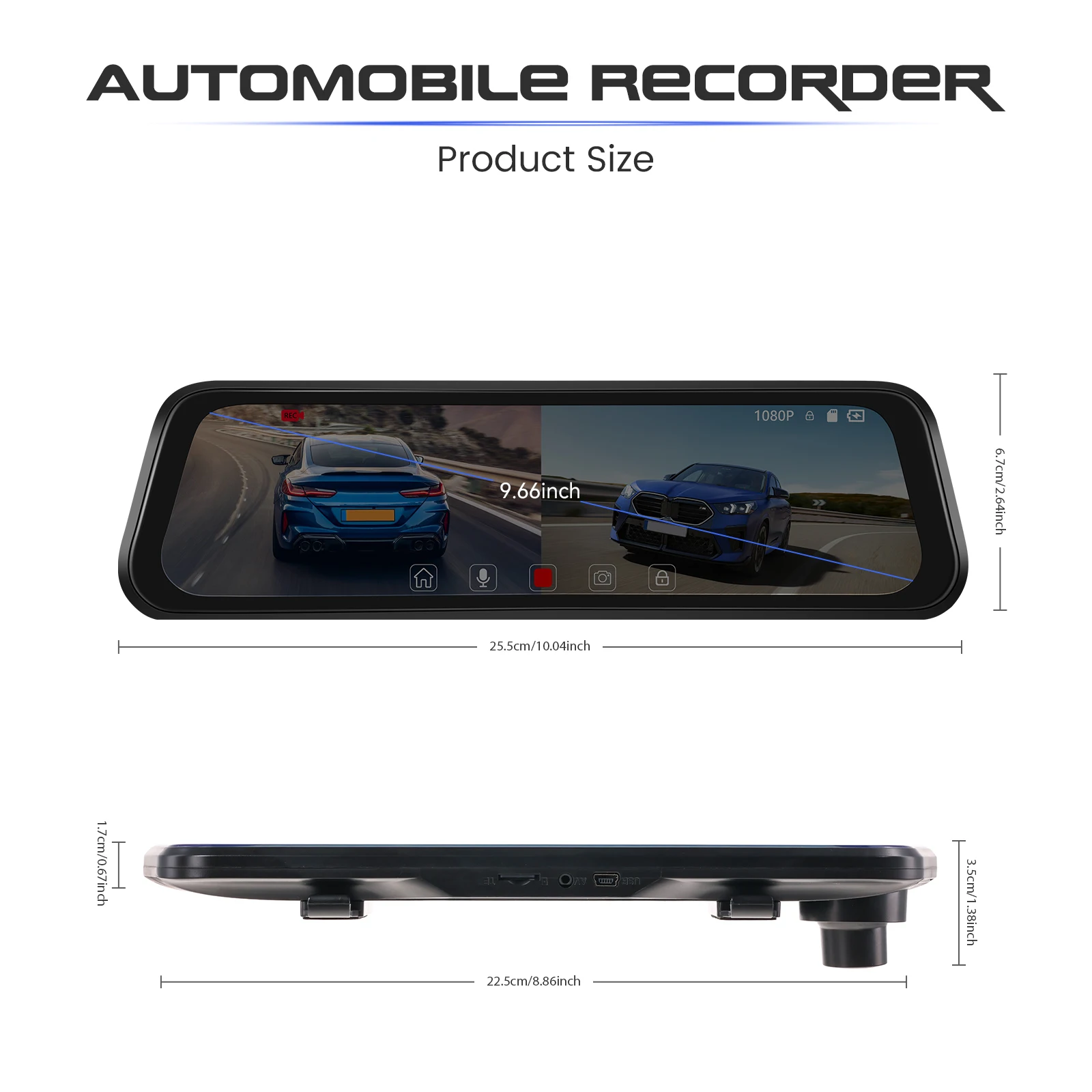 Podofo 9,66'' Dashcam 1080P Dual-Objektiv Auto-DVR Mehrsprachiger Auto-Videorekorder mit 480P Rückfahrkamera 150° ° Breiter Betrachtungswinkel – Detail 19