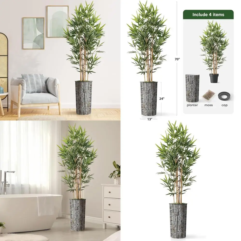 70 Tall Bamboo-Style Artificial Tree in Brown Striped Planter for Indoor & Outdoor Home Decor