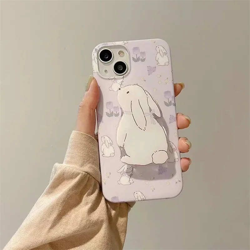 Pink Purple Upset Rabbit Phone Case For iPhone 14 Plus 7 8 X XS XR 11 12 13 Pro Max Silicone Case Cover With Holder