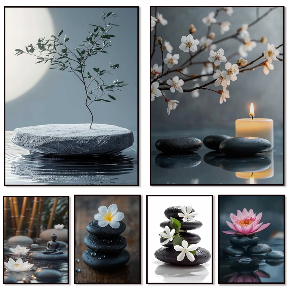 Impression aquarelle de la forêt de lotus et de bambou, nature tranquile de spa zen, pile de pierres zen, galets, orchidées, affiche de studio de tranquilité