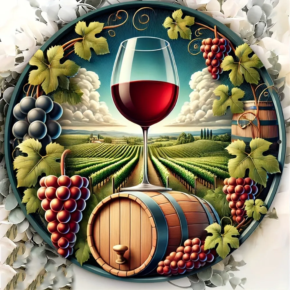 2D Metal Sign, Vintage Vineyard Metal Wall Art, 8x8 Inch Round Rustproof Iron Sign with Grapes and Barrel, for Kitchen, Bar, Pat