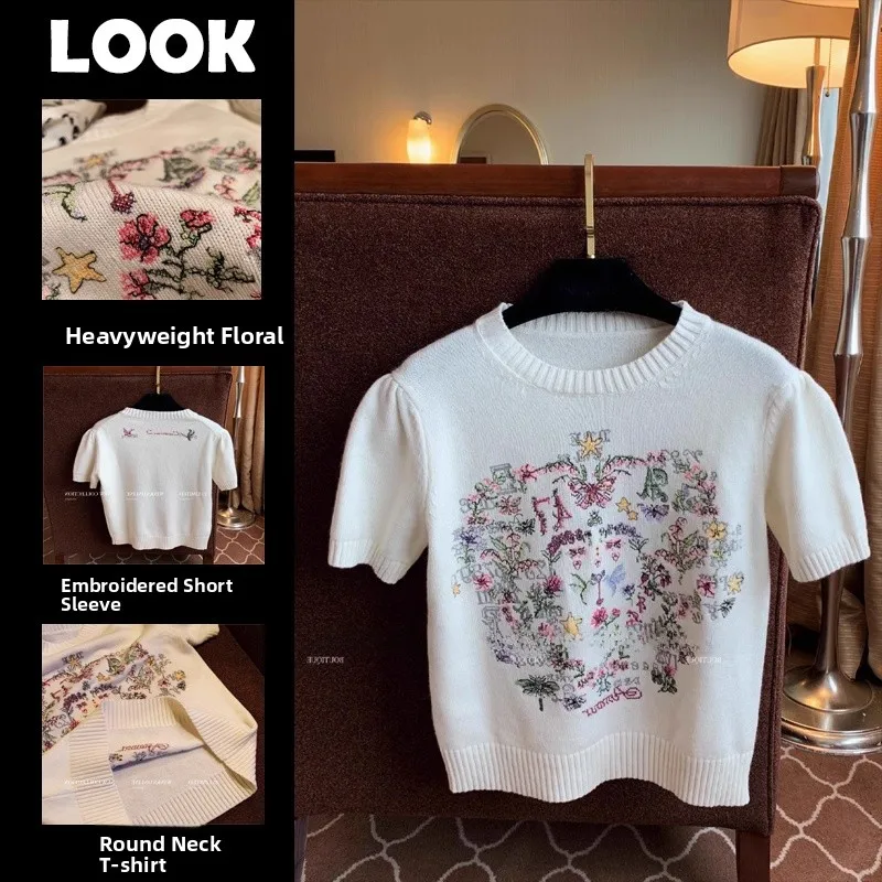 

Ele Floral Embroidered Knitted Top Women's Summer Faion Small Fraance Sle round Ne ort Sve Polyester Fiber