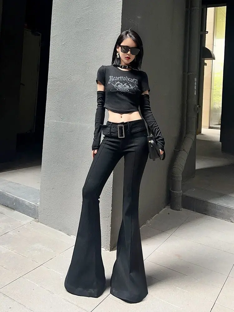 جينز أسود عتيق بخصر منخفض مضيئة للنساء بنطلون طويل من قماش الدنيم للتخسيس ملابس خروج ضيقة بجزء سفلي سروال قوطي عصري #2