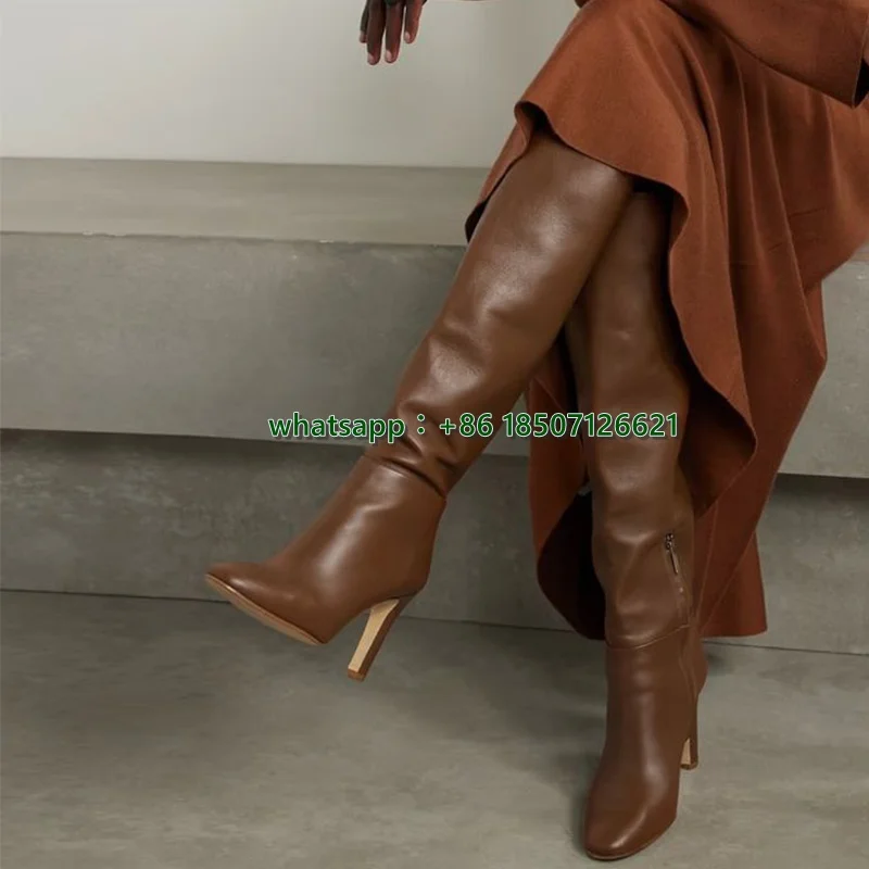 Brown Leather Solid Color Matte Over The Knee Boots Thick Heel Square Toe Women's Long Boots