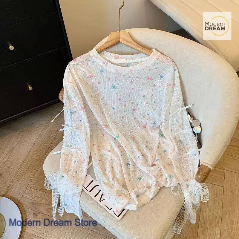 

Korean dopamine star bow long sleeve T-shirt women spring and summer new fashion lazy wind plus size loose sunscreen blouse.