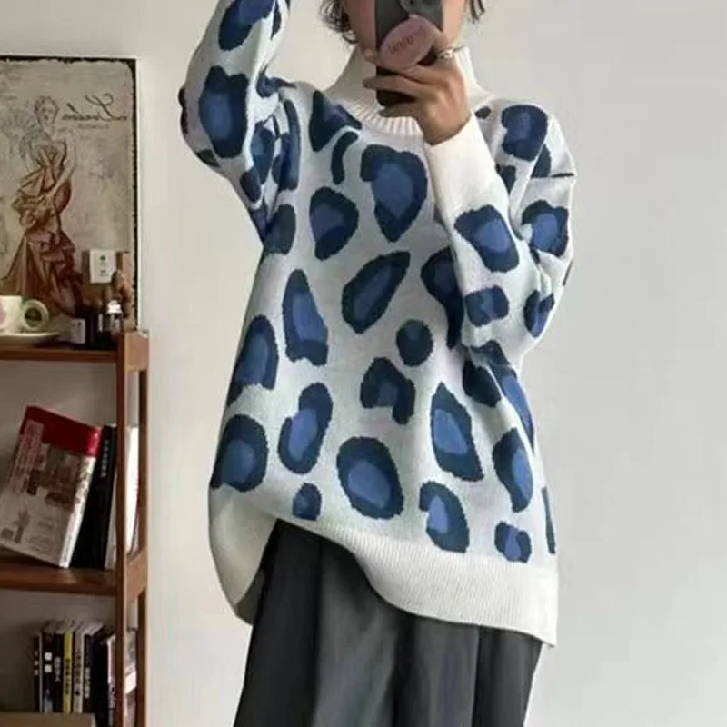 New Autumn and Winter Fashion Trend French Leopard Print Half High Neck Loose and Slim Reducing Age Women\'s Long Sleeve Sweater