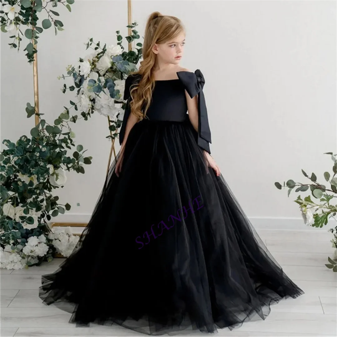 Robe classique à fleurs en Tulle pour filles, épaules dénudées, avec nœud plissé, ligne A, longueur au sol, longue robe de première Communion personnalisée