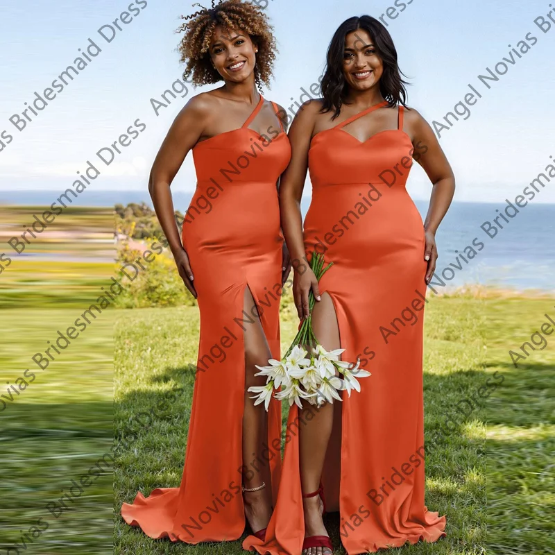 

Plus Size Sexy Long Orange Mermaid Bridesmaid Dresses with Slit Wedding Party Dresses Vestidos Casamento Madrinha