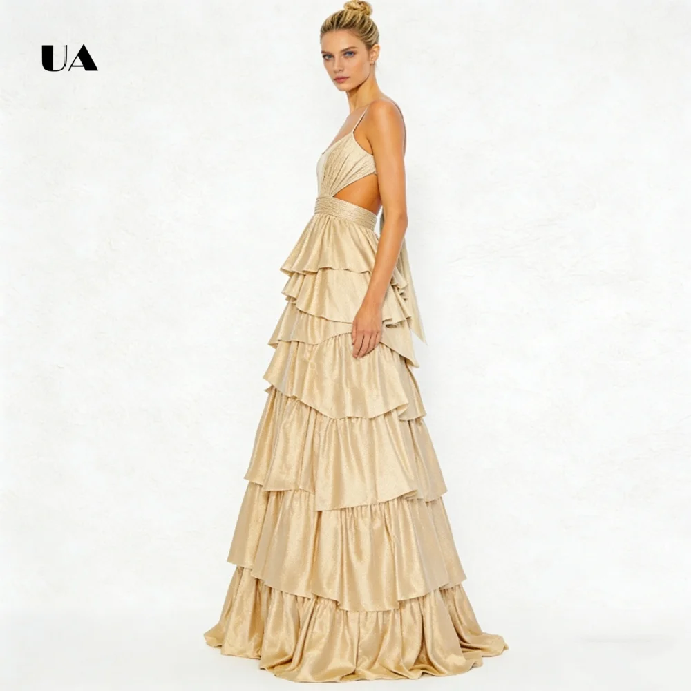 Vestido de baile ULBYANRY em cetim evasê com alças finas, vestido de noite com decote em V com babados em camadas, vestido de festa personalizado sem costas