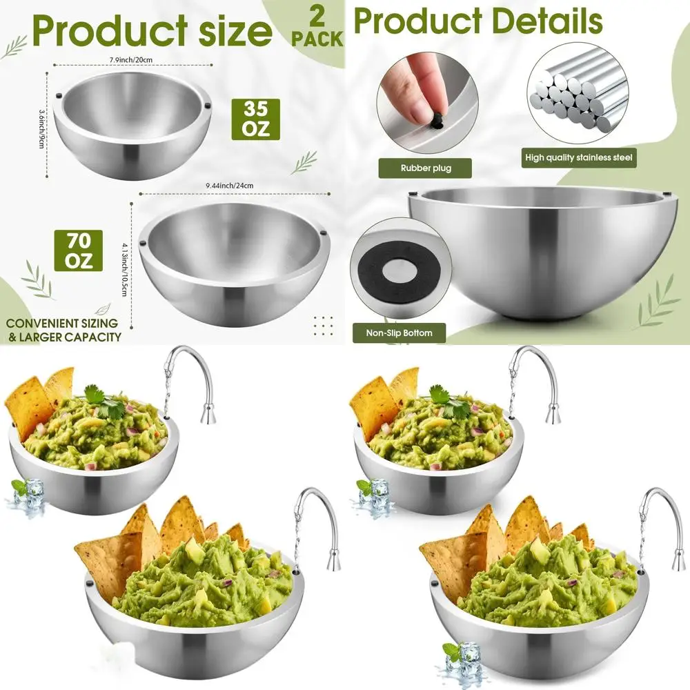 

Stainless Steel Double-Walled Insulated Chill Bowls, 35oz & 70oz (2-Pack) for Parties, Serving Salsa, Guacamole, Condiments, Sau