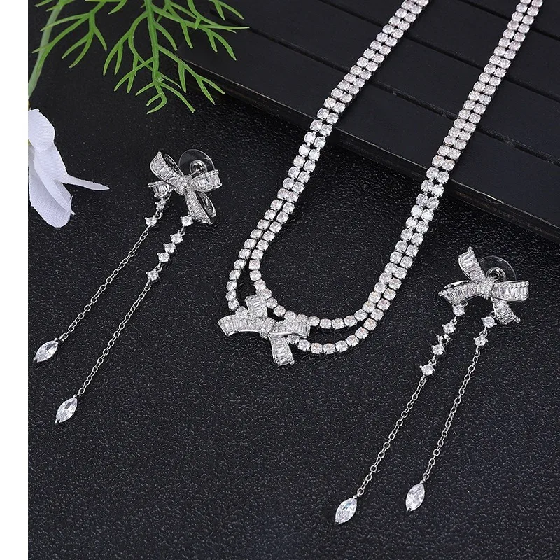 

HIBRIDE Light Luxury Bow Set of 2 Necklaces Earrings Fashion Women's Jewelry Set Party Holiday Gift Wedding Accessories S-871