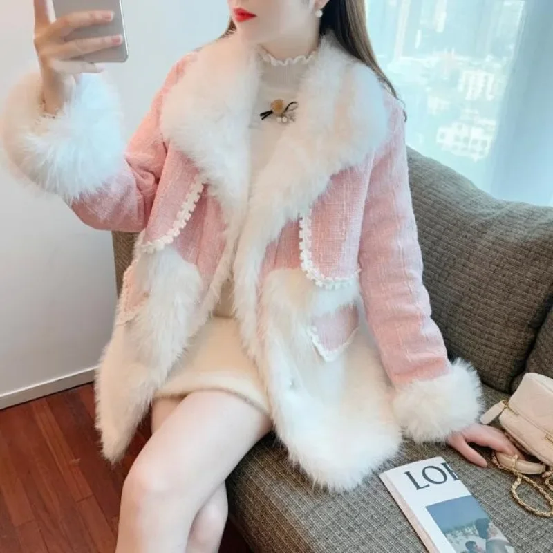 New Female Lamb Coats For Women Clothing Autumn Winter Jackets 2024 Sweet patchwork Outerwear Girls E3187