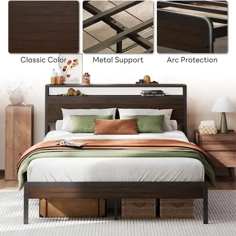 LIKIMIO Struttura letto matrimoniale/regiupe con testiera, camas king in legno scuro con supporti robusti, senza rumore, senza bisogno di molle