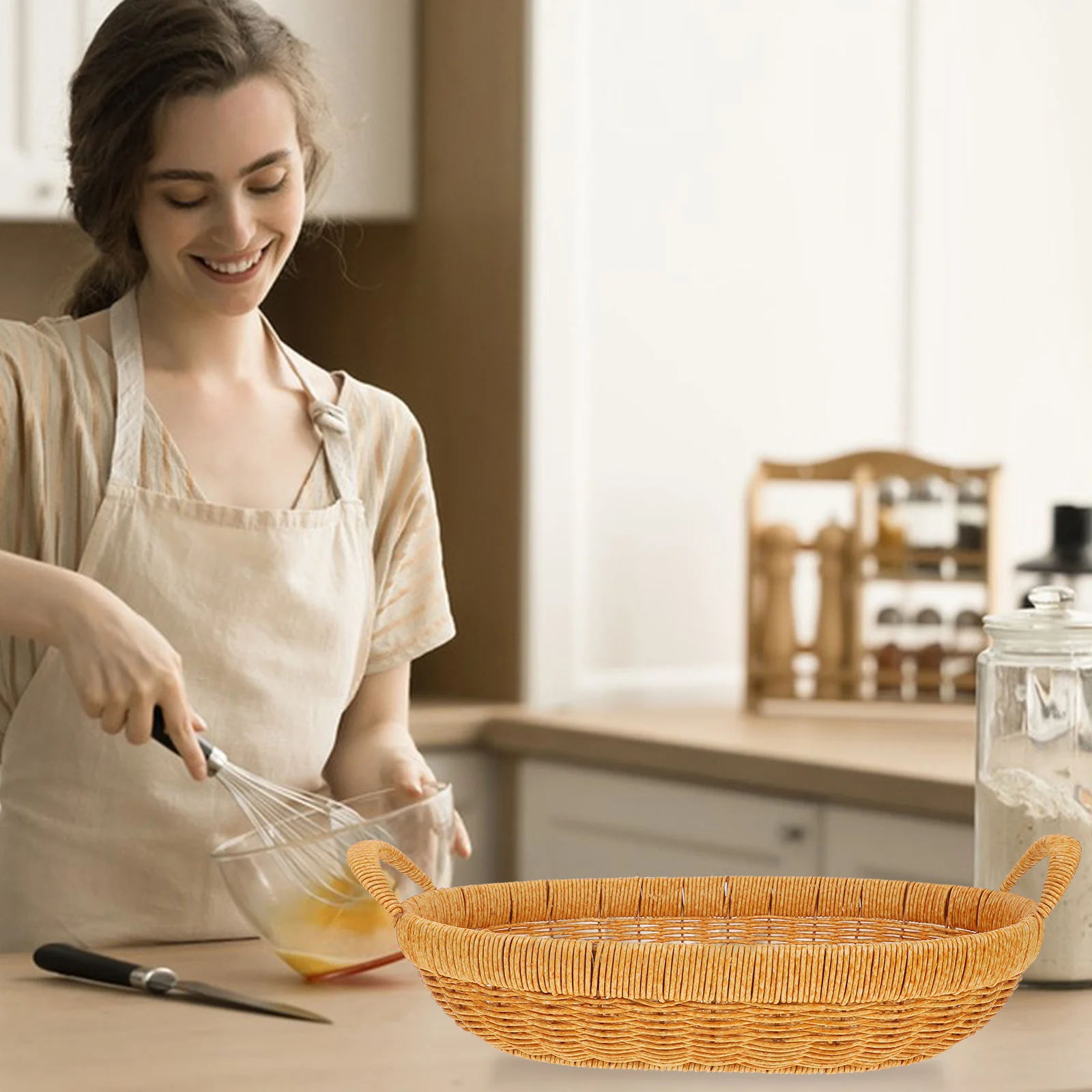 

Oval Fruit Basket Rustic Simulated Rattan Double Handle Snack Storage Basket Kitchen Living Room Picnic Woven Bread Serving Tray