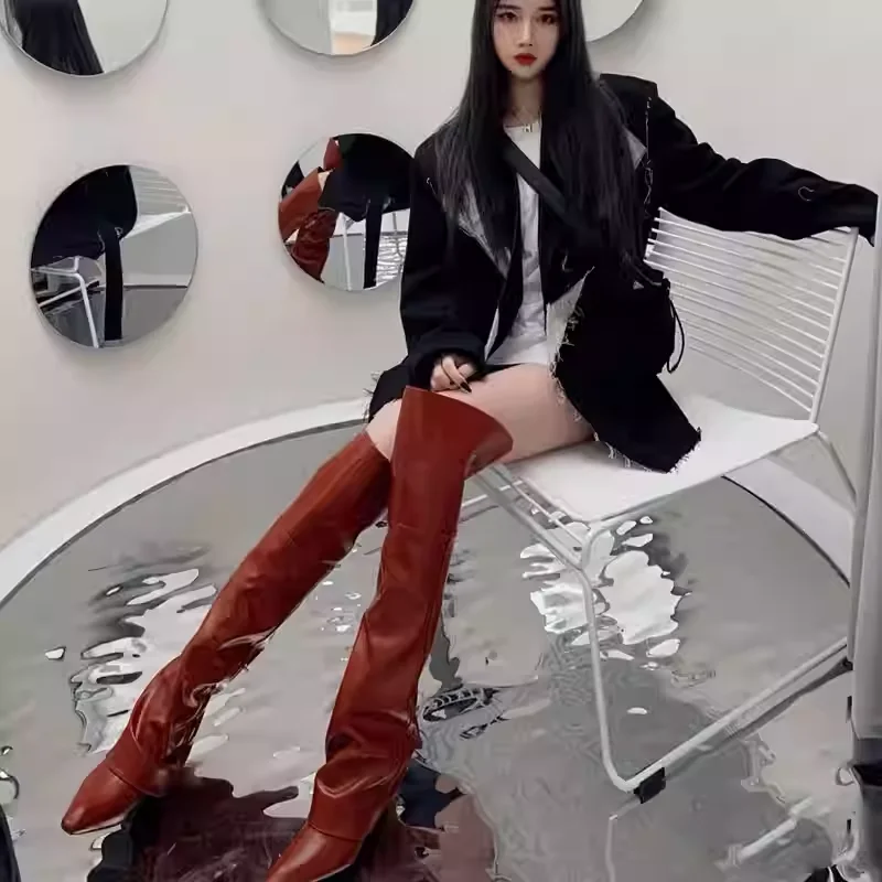 レディースファッション ポインテッドトゥ オーバーザニーブーツ レッドレザー ウェッジヒール サイドジッパー ハイヒール