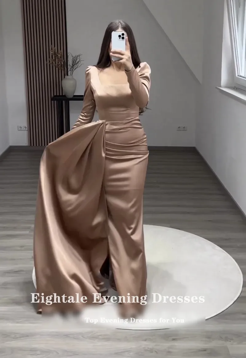 Eightale Formal Occasion Evening Dresses for Wedding Party Customized Satin Mermaid Champagne Long Sleeves Prom Gowns