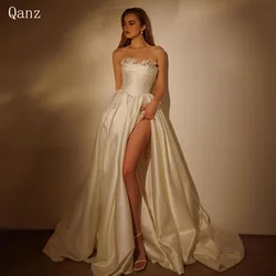 Qanz Sweetheart 3D Flowers Satin Wedding Dress High Slit Formal Customized A-line Bridal Gowns Vestidos Baratos Y Envío Gratis