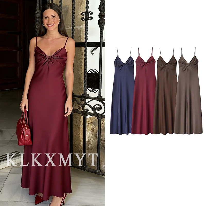 ชุดเดรสยาวผ้าซาตินแบบผูกคอ แนวเซ็กซี่ แฟชั่นคอวี แขนกุด เปิดหลัง สำหรับผู้หญิง ปี 2025 เหมาะสำหรับฤดูร้อนและฤดูใบไม้ร่วง  ชุดเดรสยาวสำหรับงานปาร์ตี้ สวยสง่า
