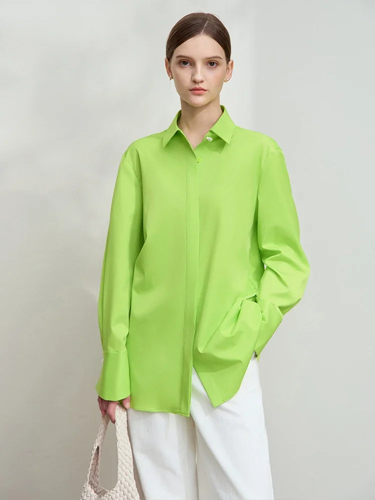 AMII Minimalist Solid Blouse For Women 2025 Spring New Office Lady Versatile Shirt Turn Durn Collar Covered Button Tops 12541105