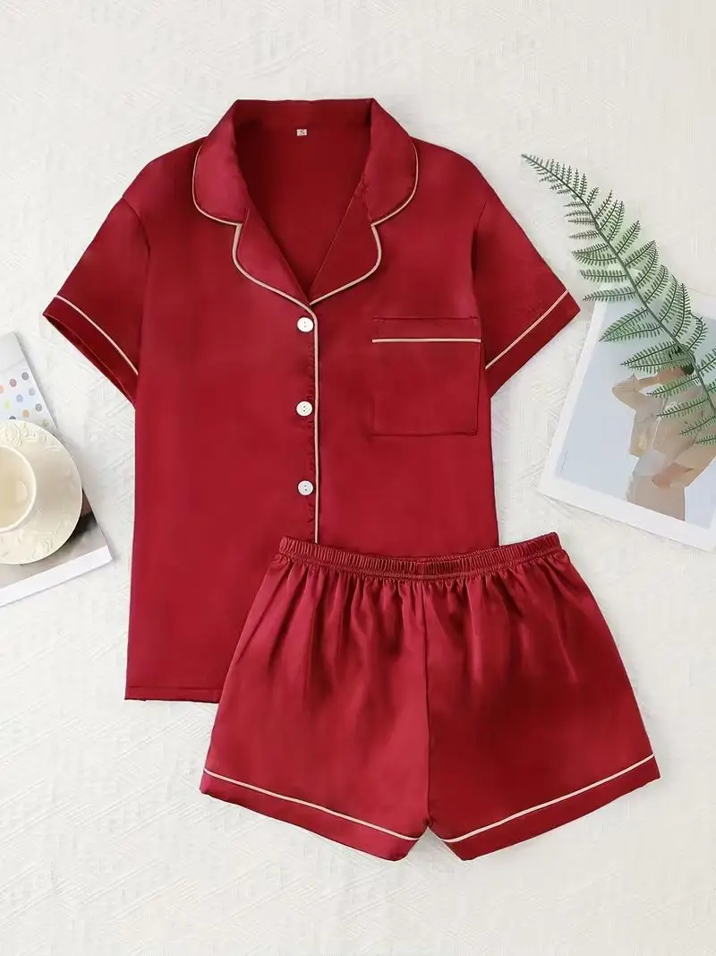 Pakaian Tidur Musim Panas Model Santai Bahan Sutra Satin Polos Set Piyama Kasual Wanita, Atasan Kancing Kerah Pendek & Celana Pendek yang Nyaman