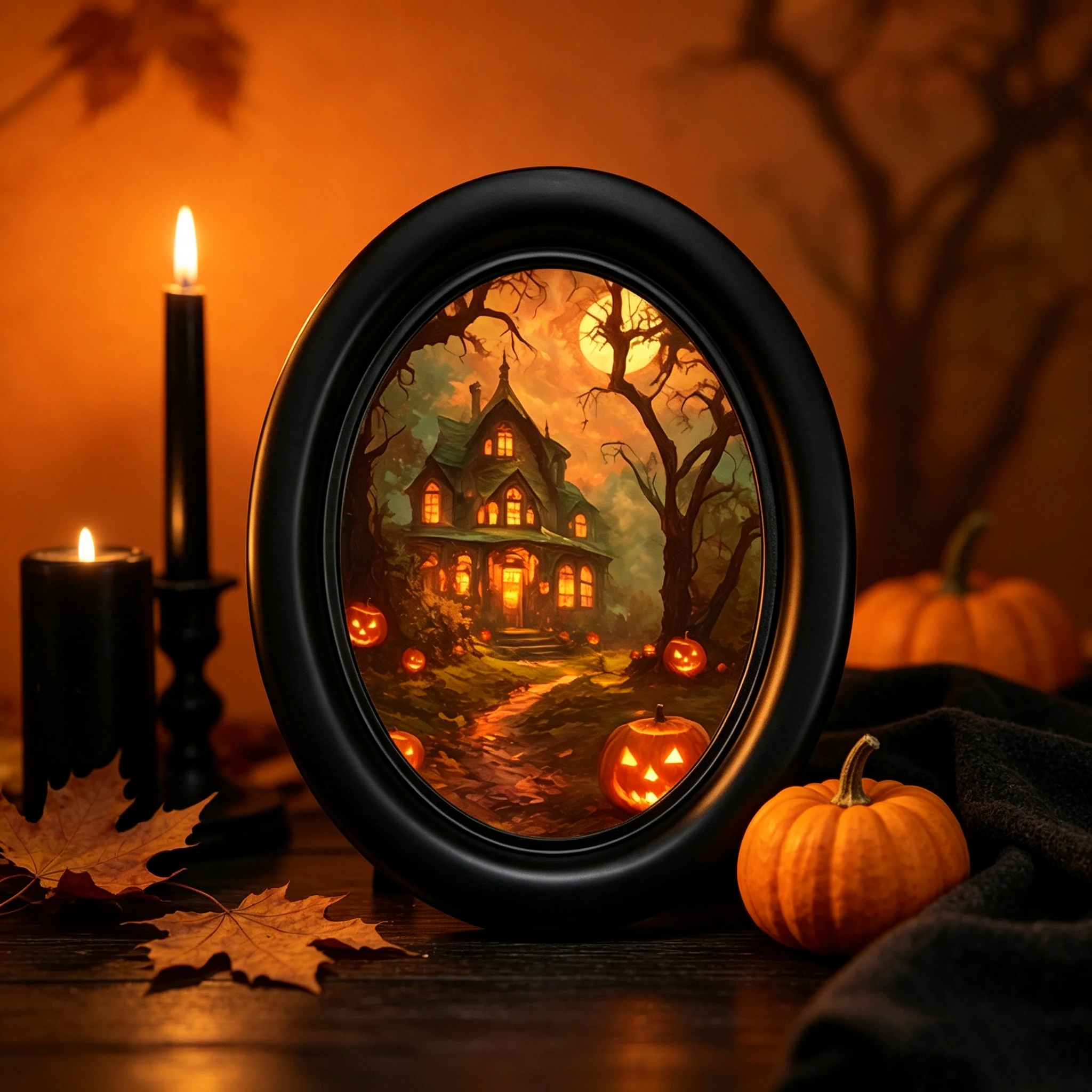 DIY Halloween Pumpkin Landscape Stylish Wooden Elliptical Photo Frame, Perfect for Home & Holiday Decoration, Great Gift Choice