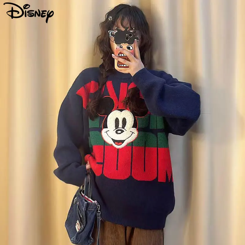 Imagem -03 - Disney-pulôver Feminino Mickey Mouse Desenho Animado de Algodão Manga Comprida Suéter Solto Top Fashion Bordado Casual Nova Chegada 2023