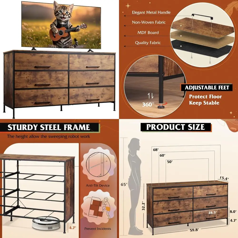 Large Entertainment Center for 60-70 Inch TVs: WLIVE Wide TV Stand with 6 Fabric Drawers and Wooden Media Console Table